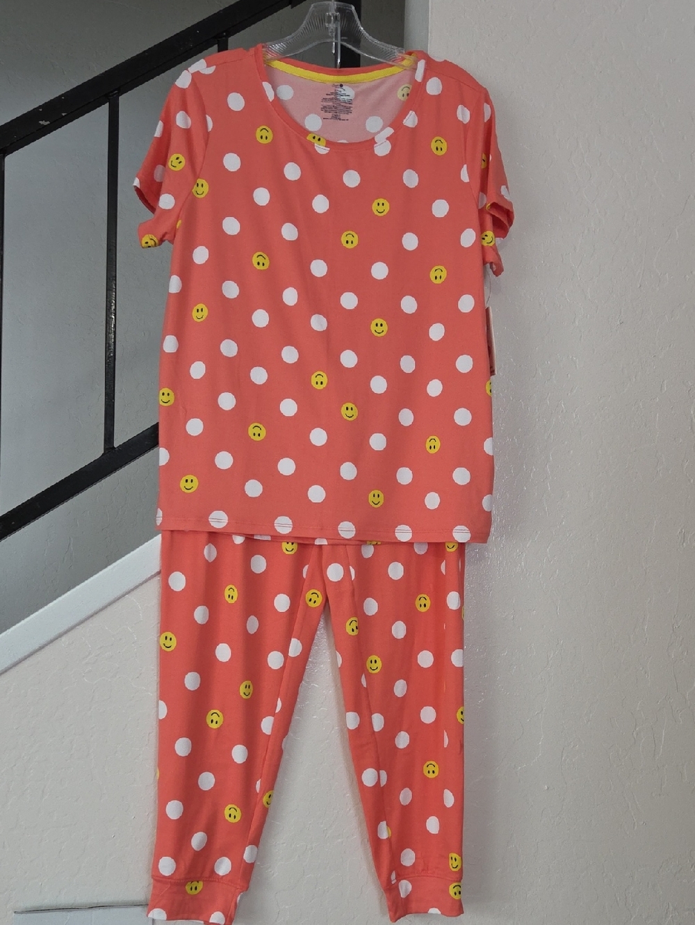 Secret Treasures Coral Polka Dot & Yellow Smiley Pajama Set
